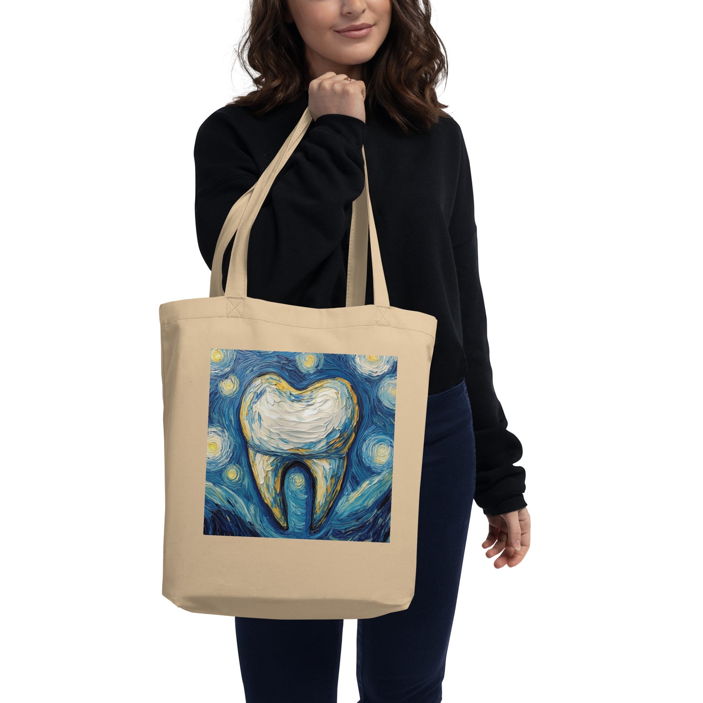 Schwarzer Bio-Baumwollbeutel mit kreativem Zahndesign im Sternennacht-Stil, perfekt als Geschenkidee für Zahnmediziner oder zum Shoppen – nachhaltig und stilvoll.