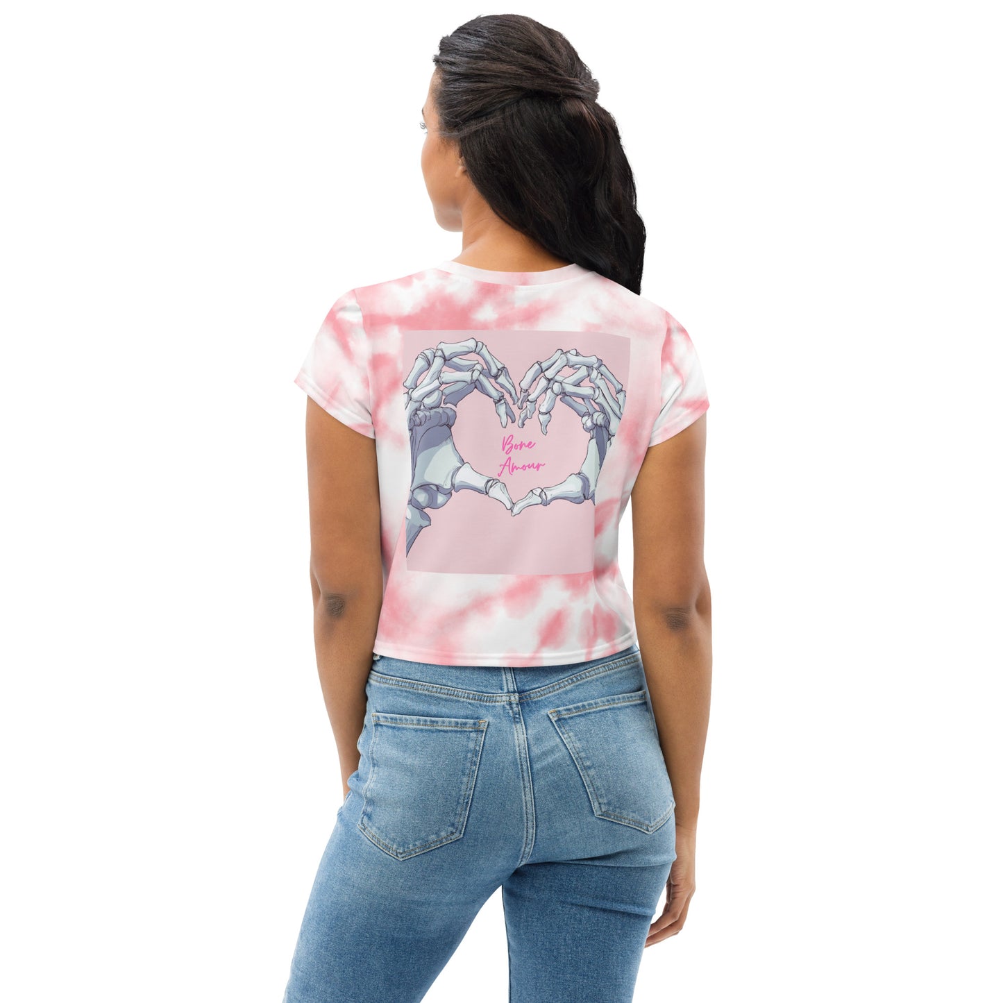 Crop-T-Shirt mit skelettierten Händen und 'Bone Amour'-Motiv auf der Rückseite – perfekt für Mediziner und Zahnmedizin-Fans