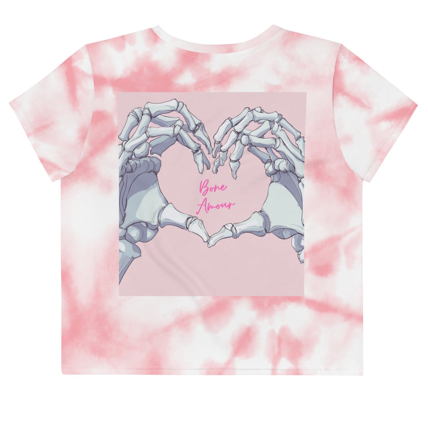 Crop-T-Shirt mit skelettierten Händen und 'Bone Amour'-Motiv auf der Rückseite – perfekt für Mediziner und Zahnmedizin-Fans