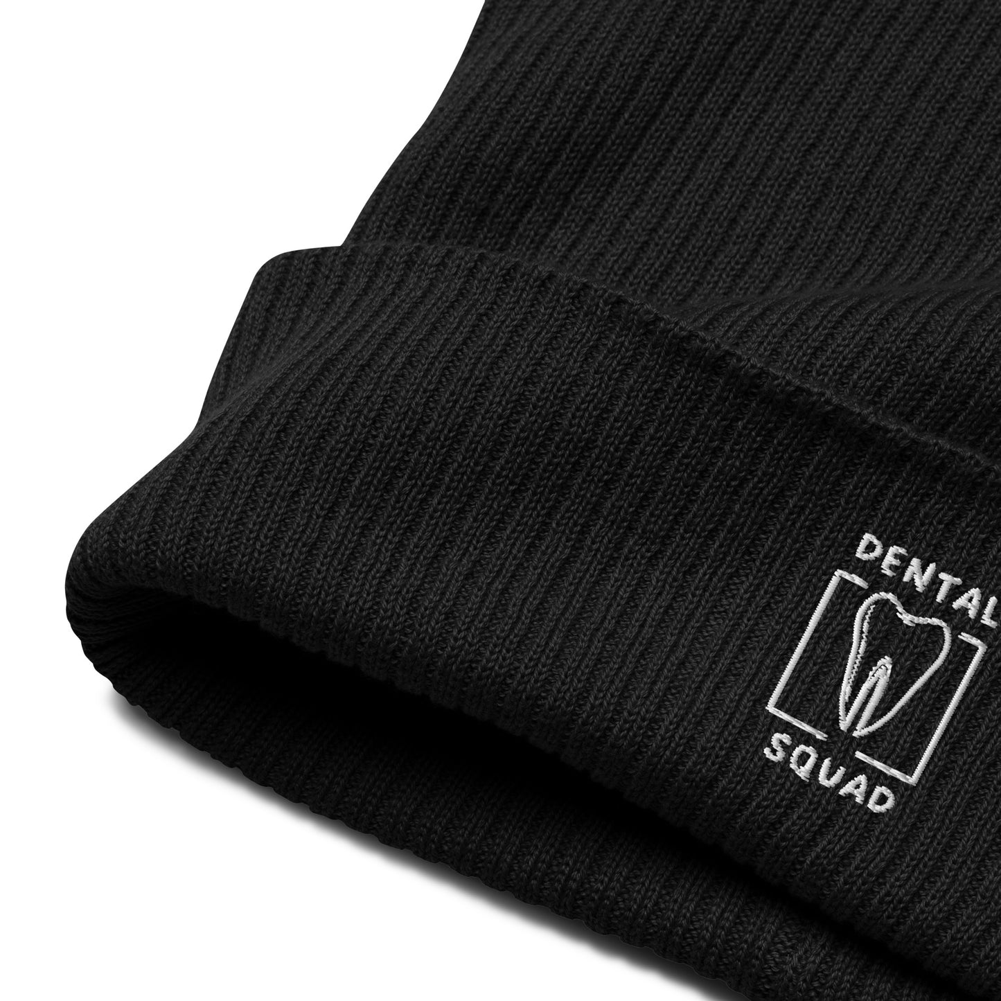 Schwarze gerippte Mütze aus Bio-Baumwolle mit gesticktem 'Dental Squad'-Logo – ideal für Zahnmediziner