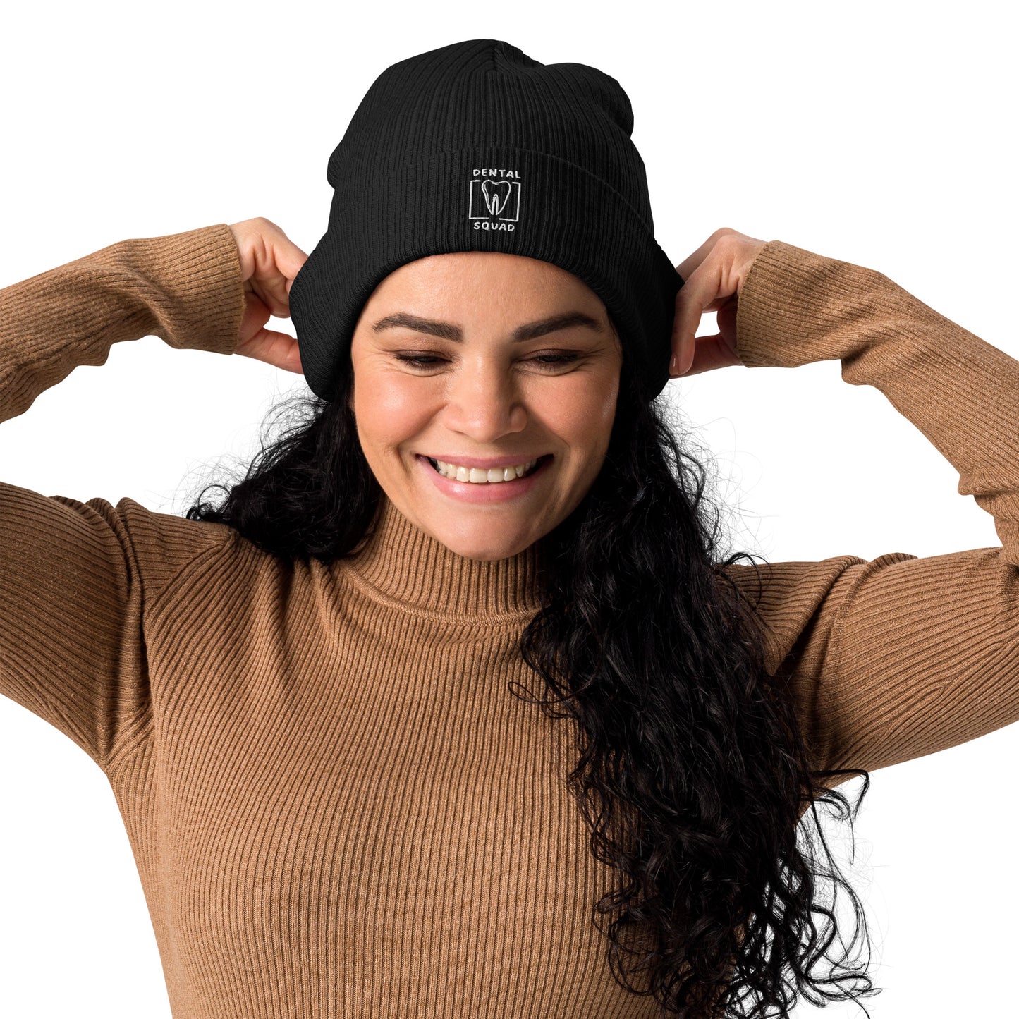 Schwarze gerippte Mütze aus Bio-Baumwolle mit gesticktem 'Dental Squad'-Logo – ideal für Zahnmediziner