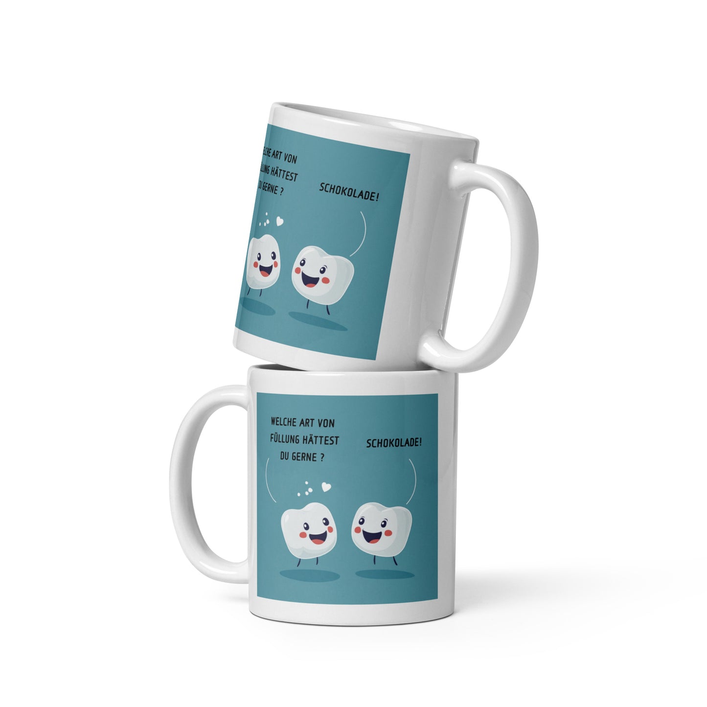 Tasse mit zahnärztlichem Spruch 'Welche Art von Füllung hättest du gerne? – Schokolade!' für Zahnmediziner, Perfekt auch als Geschenk.