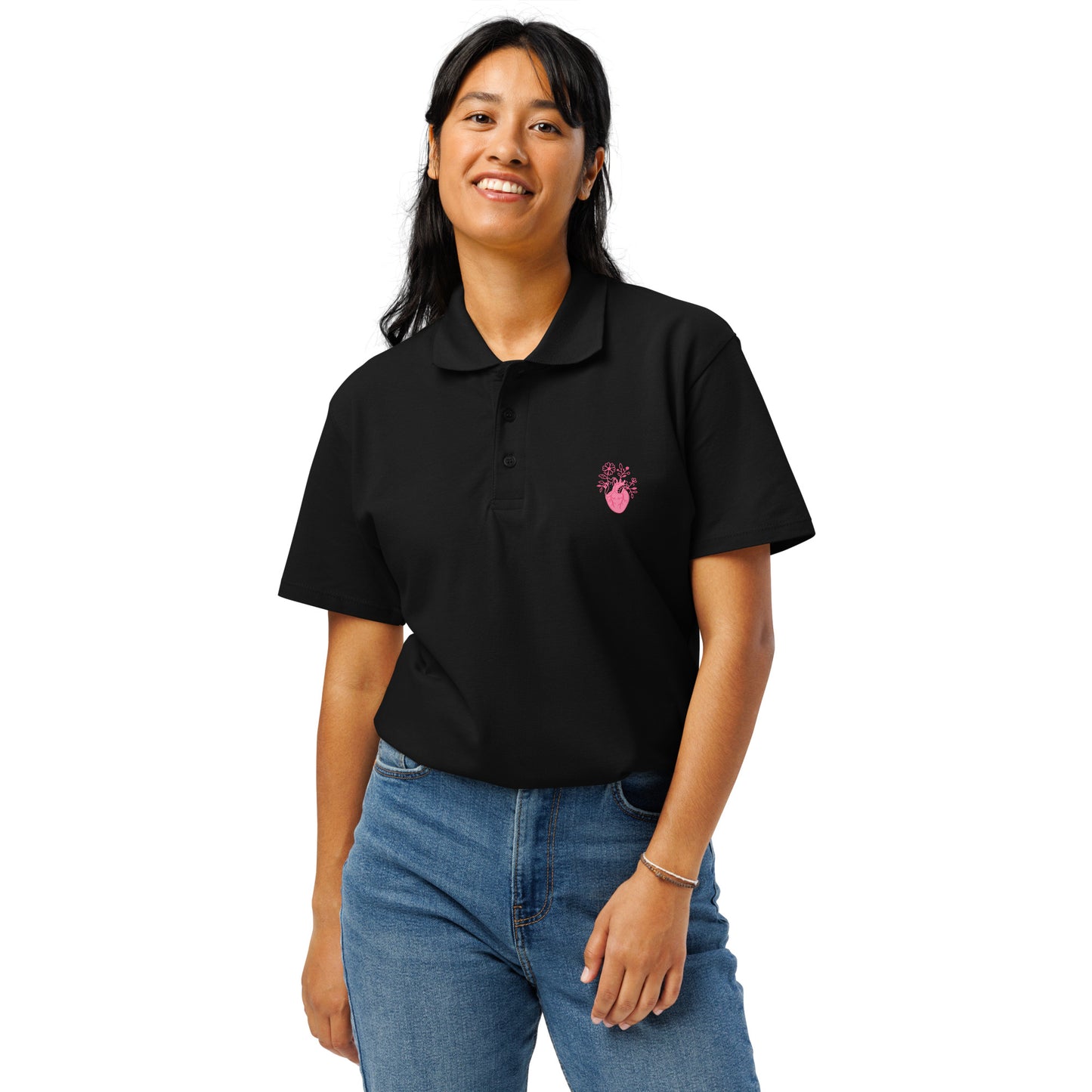 Unisex-Polo-Shirt mit Hez und auf der Rückseite Skelett-Handmotiv und Schriftzug 'Bone Amour' – perfekt für angehende Orthopäden und Mediziner