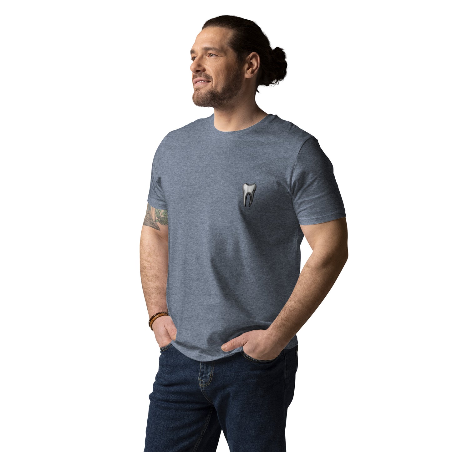 Unisex-T-Shirt aus Bio-Baumwolle mit kleinem Zahn-Logo auf der Vorderseite – ideal für Zahnmediziner