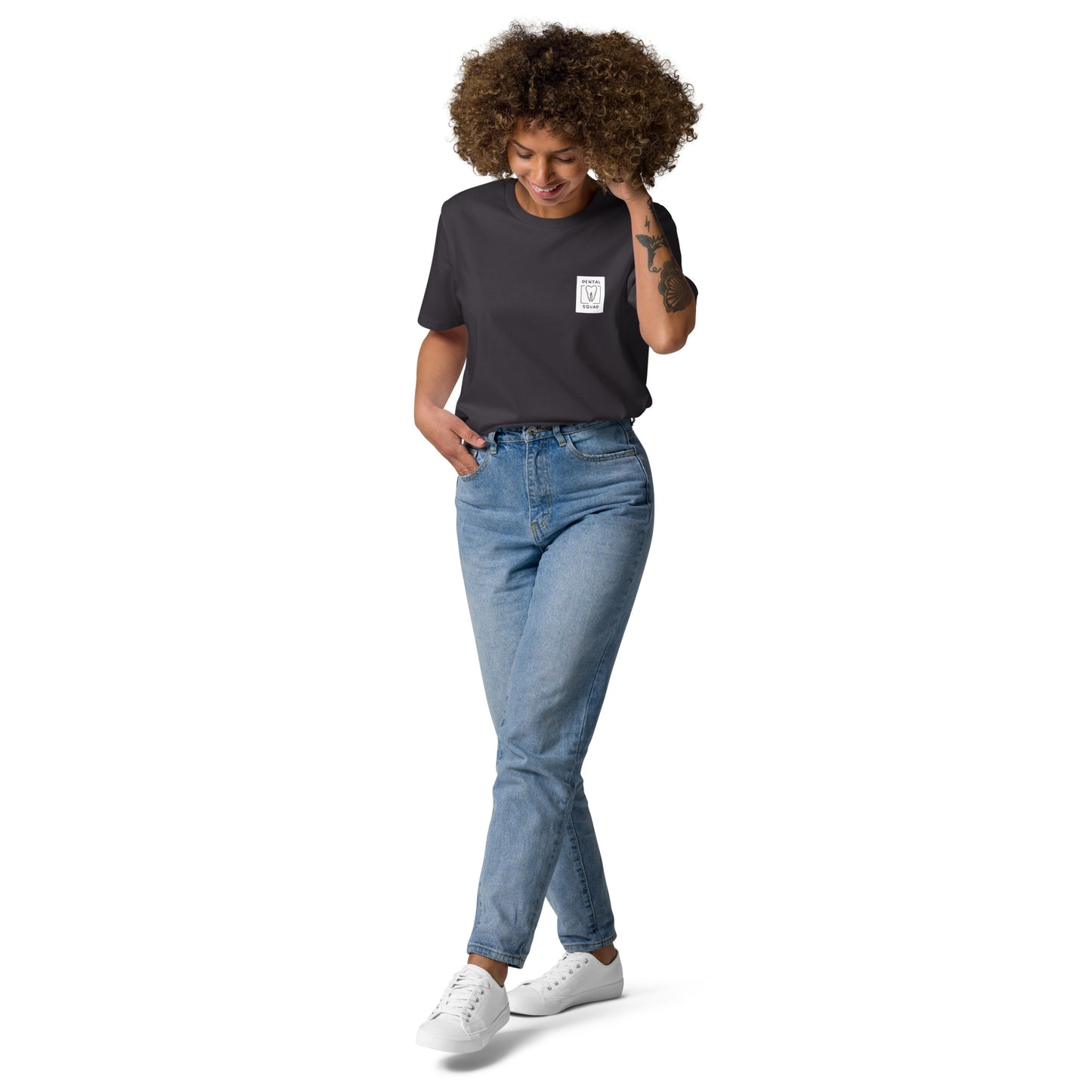 Unisex-T-Shirt aus Bio-Baumwolle mit Zahn-Icon und Spruch 'You're the root of my smile' – ideal für Zahnmediziner, Dentalfans und Mediziner.