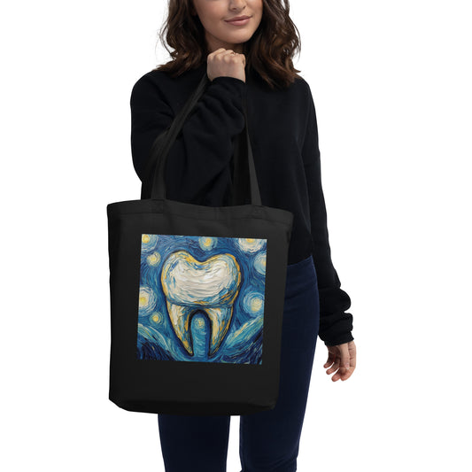 Schwarzer Bio-Baumwollbeutel mit kreativem Zahndesign im Sternennacht-Stil, perfekt als Geschenkidee für Zahnmediziner oder zum Shoppen – nachhaltig und stilvoll.